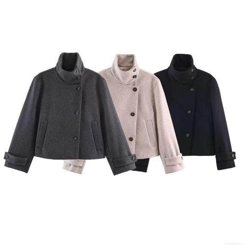 Women's Stand Collar Woolen Coat Single Breasted Long Sleeve Short Jacket Autumn Winter European Street Style Outerwear for Ladies