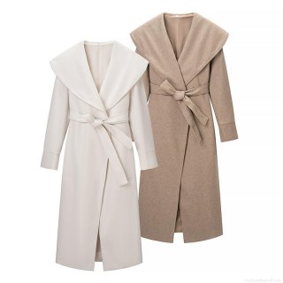 Women's Long Woolen Coat Elegant Large Lapel Waist Tie Wrap Overcoat Polyester Blend Long Sleeve Outerwear For Autumn Winter Casual Streetwear