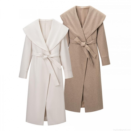 Women's Long Woolen Coat Elegant Large Lapel Waist Tie Wrap Overcoat Polyester Blend Long Sleeve Outerwear For Autumn Winter Casual Streetwear