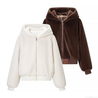Women's Faux Fur Hooded Jacket Thick Warm Plush Long Sleeve Zipper Coat Winter Streetwear Loose Outerwear With Ribbed Cuffs Solid Color Top For Ladies