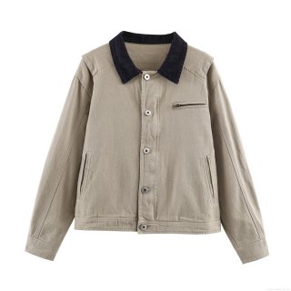 Women's Workwear Jacket Contrast Lapel Long Sleeve Spliced Outdoor Casual Street Style Outerwear With Metal Buttons And Chest Zip Pocket