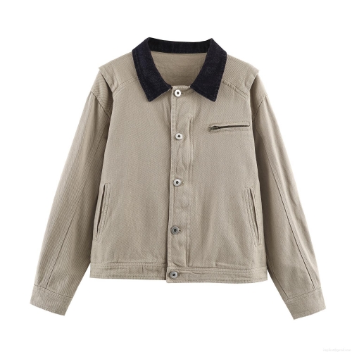 Women's Workwear Jacket Contrast Lapel Long Sleeve Spliced Outdoor Casual Street Style Outerwear With Metal Buttons And Chest Zip Pocket