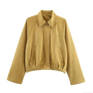 Women's Fashion Faux Suede Jacket 100% Polyester Solid Color Casual Lapel Long Sleeve Short Coat With Snap Buttons And Pleated Hem For Spring Autumn Outwear