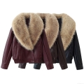 Women's Loose Faux Leather Jacket With Faux Fur Collar Short Bomber Coat Streetwear Autumn Winter Outwear Solid Color Button Up Jacket