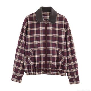 Women Vintage Plaid Jacket With Faux Leather Lapel Collar Casual Loose Long Sleeve Full Zip Bomber Coat Streetwear Burgundy Checked Outwear