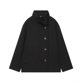 Women's Fashion Casual Single Breasted Stand Collar Woolen Coat Autumn Winter Solid Black Long Sleeve Loose Mid-Length Outerwear Jacket