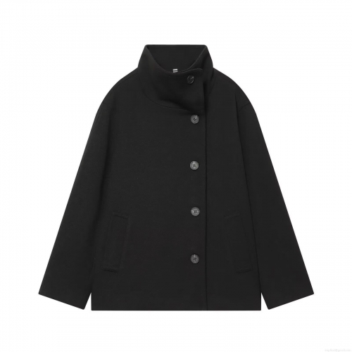 Women's Fashion Casual Single Breasted Stand Collar Woolen Coat Autumn Winter Solid Black Long Sleeve Loose Mid-Length Outerwear Jacket