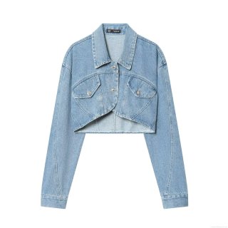 Women's Fashion Short Denim Jacket Cotton Blend Long Sleeve Polo Neck Coat With Flap Pockets Irregular Hem Casual Streetwear Outwear