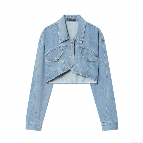 Women's Fashion Short Denim Jacket Cotton Blend Long Sleeve Polo Neck Coat With Flap Pockets Irregular Hem Casual Streetwear Outwear