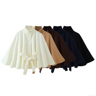 Women's Fashion Cloak Style Woolen Coat With Belt Stand Collar Batwing Sleeve Loose Outerwear Single Breasted Long Sleeve Jacket For Autumn Winter Daily Streetwear