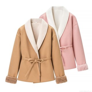 Women Fashion Woolen Coat With Faux Fur Cuffs And Belt Elegant Contrast Shawl Collar Autumn Winter Casual Overcoat For Ladies