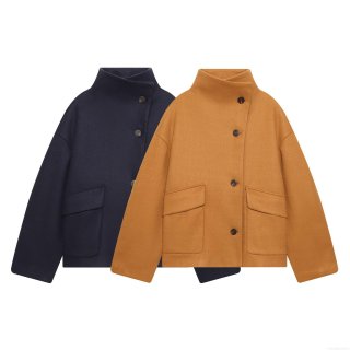 Women Fashion Winter Stand Collar Woolen Coat Casual Solid Color Single Breasted Loose Fit Jacket Outwear For Streetwear Lady