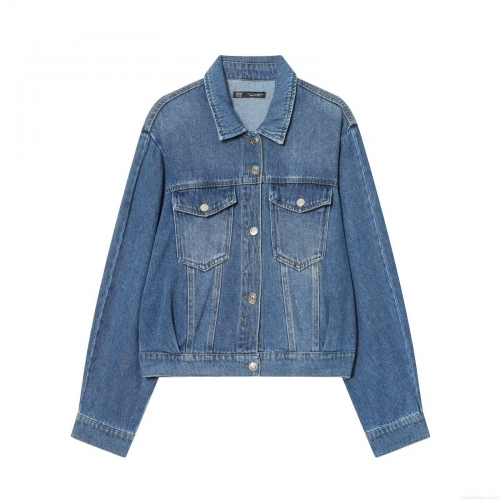 Women Loose Denim Jacket 85 Percent Cotton Long Sleeve Coat With Button Down Flap Pockets Casual Streetwear Fashion Blue Jean Outerwear
