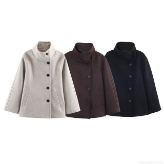 Women Elegant Solid Color Woolen Coat Stand Collar Loose Fit Jacket With Pockets Single Breasted Outerwear For Office Casual Spring Autumn Winter