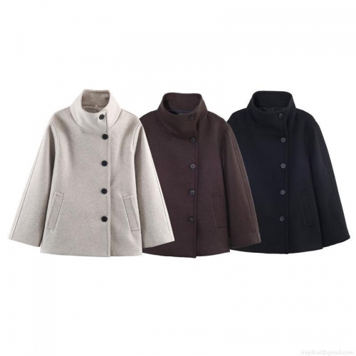 Women Elegant Solid Color Woolen Coat Stand Collar Loose Fit Jacket With Pockets Single Breasted Outerwear For Office Casual Spring Autumn Winter