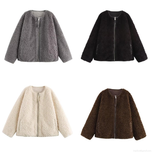 Women's Faux Fur Jacket Winter Thick Lamb Wool Zipper Coat Loose Casual Round Neck Solid Color Outwear With PU Leather Piping Detail For Ladies