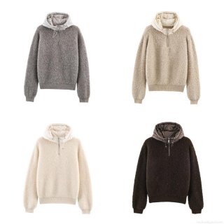 Women's Casual Hooded Knit Jacket Cotton Blend Bouclé Patchwork Half Zip Pullover Loose Autumn Winter Warm Fashion Outerwear Coat