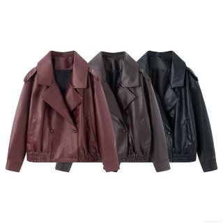 Women's Loose Faux Leather Jacket Double Breasted Litchi Texture PU Moto Coat Casual Streetwear Windproof Outerwear For Ladies