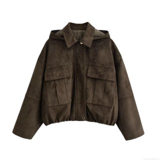 Women Fashion Solid Color Hooded Faux Suede Jacket With Large Pockets Loose Fit Long Sleeve Cargo Style Casual Coat For Autumn Spring Ladies Streetwear