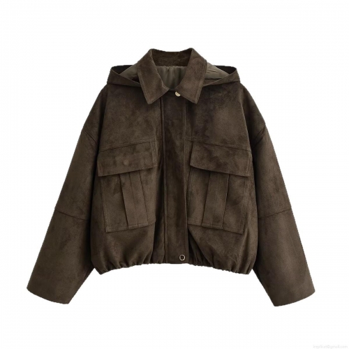 Women Fashion Solid Color Hooded Faux Suede Jacket With Large Pockets Loose Fit Long Sleeve Cargo Style Casual Coat For Autumn Spring Ladies Streetwear