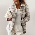 Women's Plaid Shacket Button Down Long Sleeve Jacket With Pockets Woolen Blend Casual Checkered Shirt Coat Outwear For Fall Winter