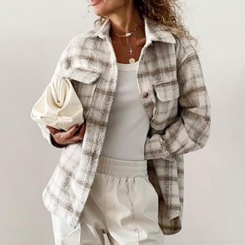 Women's Plaid Shacket Button Down Long Sleeve Jacket With Pockets Woolen Blend Casual Checkered Shirt Coat Outwear For Fall Winter