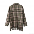 Women's Casual Plaid Shirt Jacket With Tassel Hem Silver Studded Detail Long Sleeve Button Down Flannel Shacket Coat For Autumn Streetwear