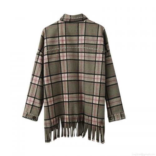 Women's Casual Plaid Shirt Jacket With Tassel Hem Silver Studded Detail Long Sleeve Button Down Flannel Shacket Coat For Autumn Streetwear