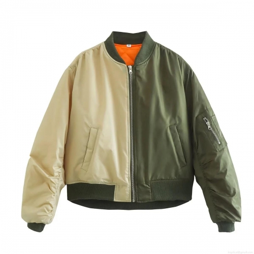 Women's Contrast Color Block Bomber Jacket Polyester Streetwear Flight Jacket Casual Zip Up Stand Collar Loose Fit Windproof Outerwear Autumn Fashion Patchwork Coat