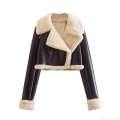 Women's Crop PU Faux Leather Jacket With Faux Fur Lining Sherpa Trim Lapel Collar Long Sleeve Zip Up Biker Coat Autumn Winter Streetwear Outwear