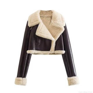 Women's Crop PU Faux Leather Jacket With Faux Fur Lining Sherpa Trim Lapel Collar Long Sleeve Zip Up Biker Coat Autumn Winter Streetwear Outwear