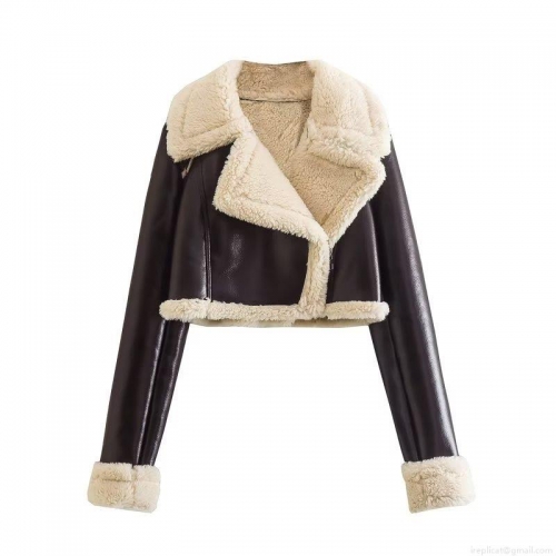 Women's Crop PU Faux Leather Jacket With Faux Fur Lining Sherpa Trim Lapel Collar Long Sleeve Zip Up Biker Coat Autumn Winter Streetwear Outwear