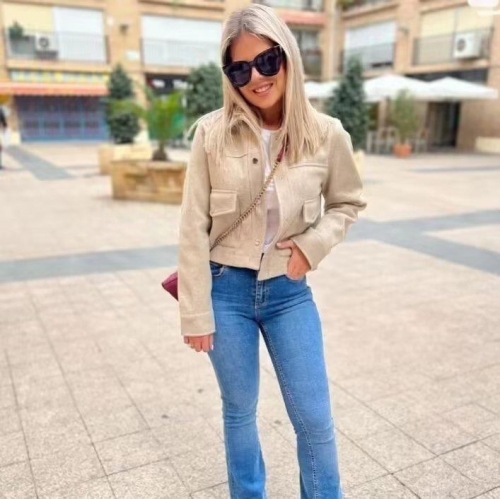 Women Fashion Y2K Solid Color Woolen Short Jacket With Lapel Collar Single Breasted Buttons Loose Fit Long Sleeve Workwear Coat For Daily Streetwear