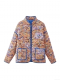 Women Retro Floral Printed Quilted Jacket Warm Cotton Padded Outwear Stand Collar Long Sleeve Patchwork Coat With Large Pockets For Autumn Winter
