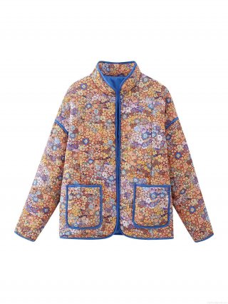 Women Retro Floral Printed Quilted Jacket Warm Cotton Padded Outwear Stand Collar Long Sleeve Patchwork Coat With Large Pockets For Autumn Winter