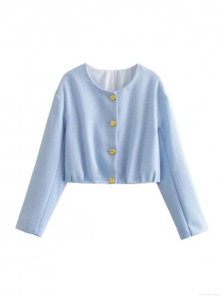 Elegant Women's Short Tweed Jacket Vintage Chanel Style Light Blue Round Neck Single Breasted Gold Buttons Polyester Outerwear Coat For Casual Office Party
