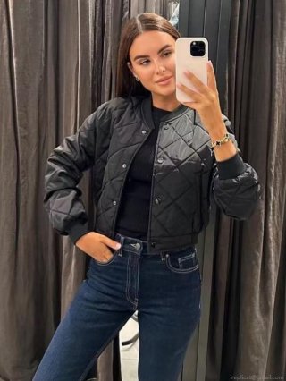 Women's Casual Diamond Quilted Bomber Jacket Lightweight Padded Short Coat Stand Collar Ribbed Cuff Long Sleeve Outwear For Autumn Winter