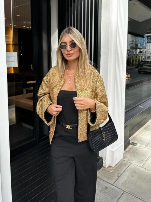 Women's Vintage Sequin Tweed Jacket Stand Collar Loose Fit Long Sleeve Outerwear With Large Pockets For Streetwear Autumn Winter