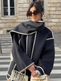 Women's Scarf Collar Woolen Coat With Tassels Contrast Stitching Scarf Jacket Mid-Length Loose Outwear For Autumn Winter Casual Streetwear Ladies
