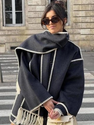 Women's Scarf Collar Woolen Coat With Tassels Contrast Stitching Scarf Jacket Mid-Length Loose Outwear For Autumn Winter Casual Streetwear Ladies