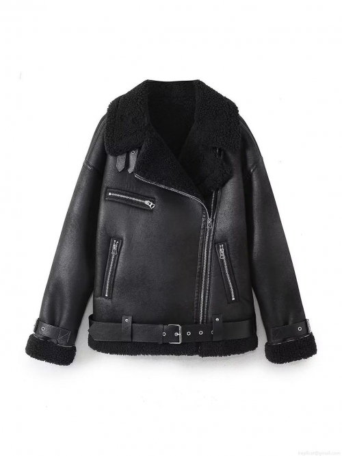 Women Faux Leather Shearling Jacket With Belt Loose Fit Biker Jacket Warm Winter Outerwear Casual Streetwear Moto Coat For Women
