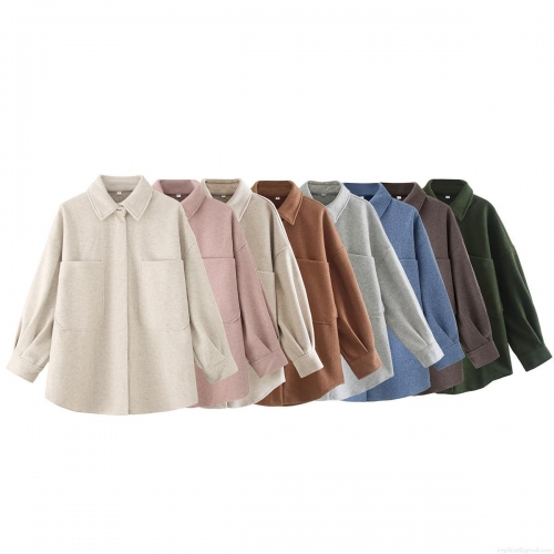 Women's Loose Casual Woolen Shacket Long Sleeve Shirt Jacket With Pockets Solid Color Lapel Outerwear Coat For Autumn Winter Fashion Streetwear