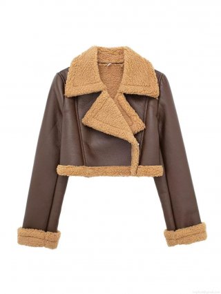 Women's Faux Shearling PU Leather Jacket Moto Biker Style Warm Winter Coat With Lapel Collar And Zipper Short Outerwear For Ladies