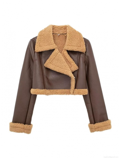 Women's Faux Shearling PU Leather Jacket Moto Biker Style Warm Winter Coat With Lapel Collar And Zipper Short Outerwear For Ladies