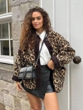 Women Leopard Print Faux Fur Jacket Sherpa Fleece Coat Corduroy Trim Round Neck Loose Casual Long Sleeve Button Down Streetwear Autumn Winter Outwear