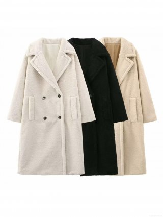 Women's Long Teddy Bear Coat Thick Faux Fur Grain Velvet Overcoat Double Breasted Lapel Winter Warm Trench Jacket Streetwear Outwear