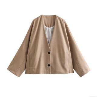 Women's Casual V-Neck Loose Jacket Coat Single Breasted Two Buttons Polyester Blend Outerwear With Pockets Streetwear Fashion For Spring