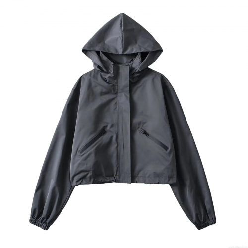 Women's Short Hooded Jacket 100% Polyester Waterproof Windbreaker Streetwear Casual Loose Outerwear Coat for Autumn