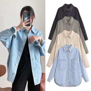 Women's Denim Shirt Jacket Oversized Long Sleeve Button Down Washed Denim Tops With Pockets Casual Streetwear Outerwear For Women Spring Autumn Fashion Urban Style