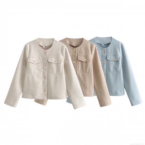 Women's Elegant Short Woven Outerwear Round Neck Long Sleeve Cardigan Jacket With Gold Buttons And Pockets For Office Daily Chic Ladies